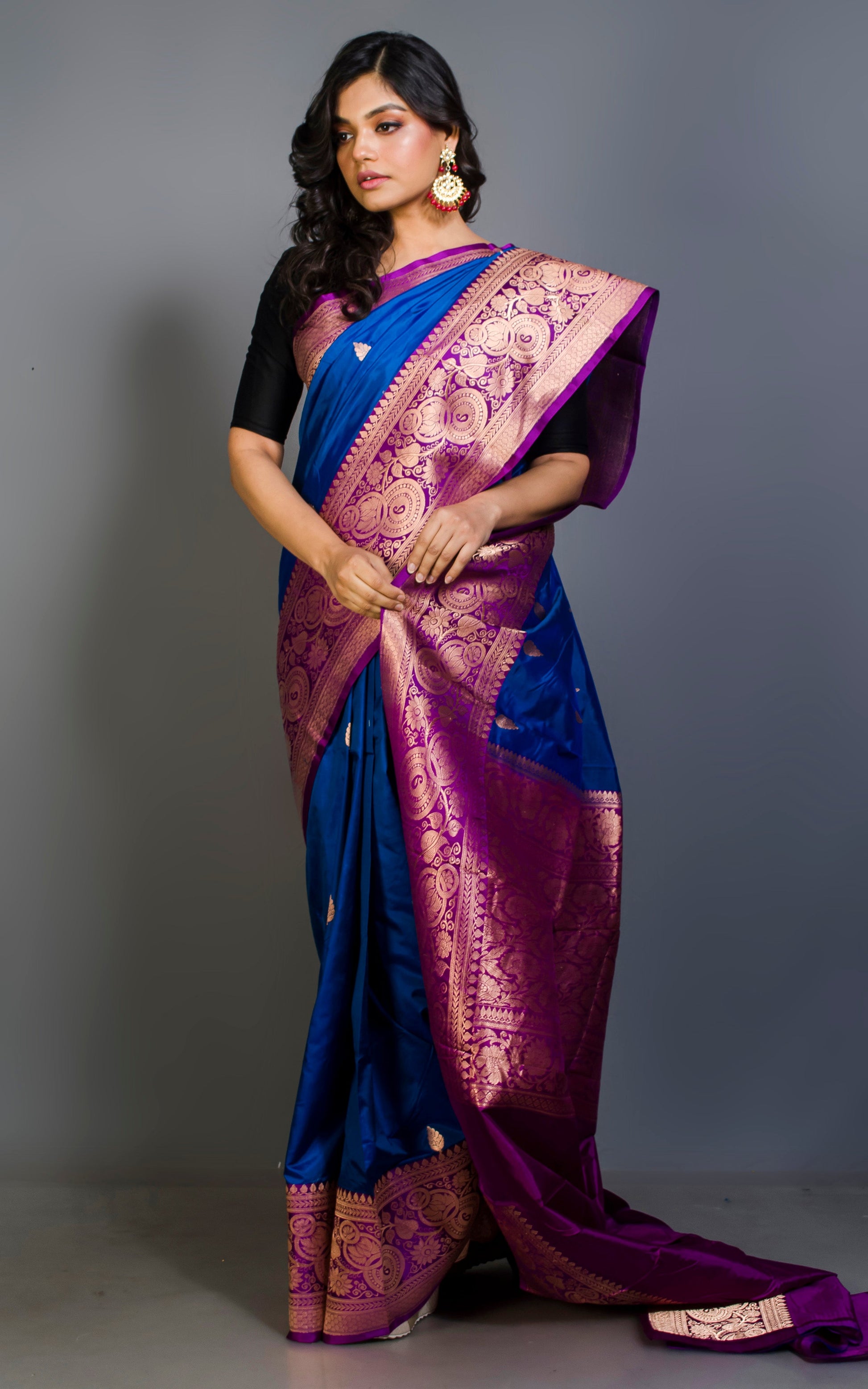 Pure Katan Banarasi Silk Saree in Admiral Blue and Purplish Magenta