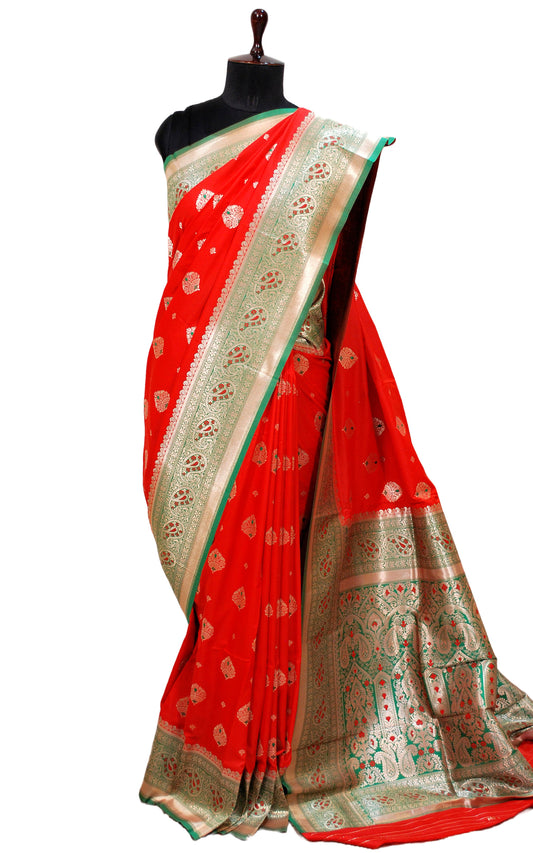 Minakari Katan Silk Saree in Bright Red, Green and Matt Gold Zari Work