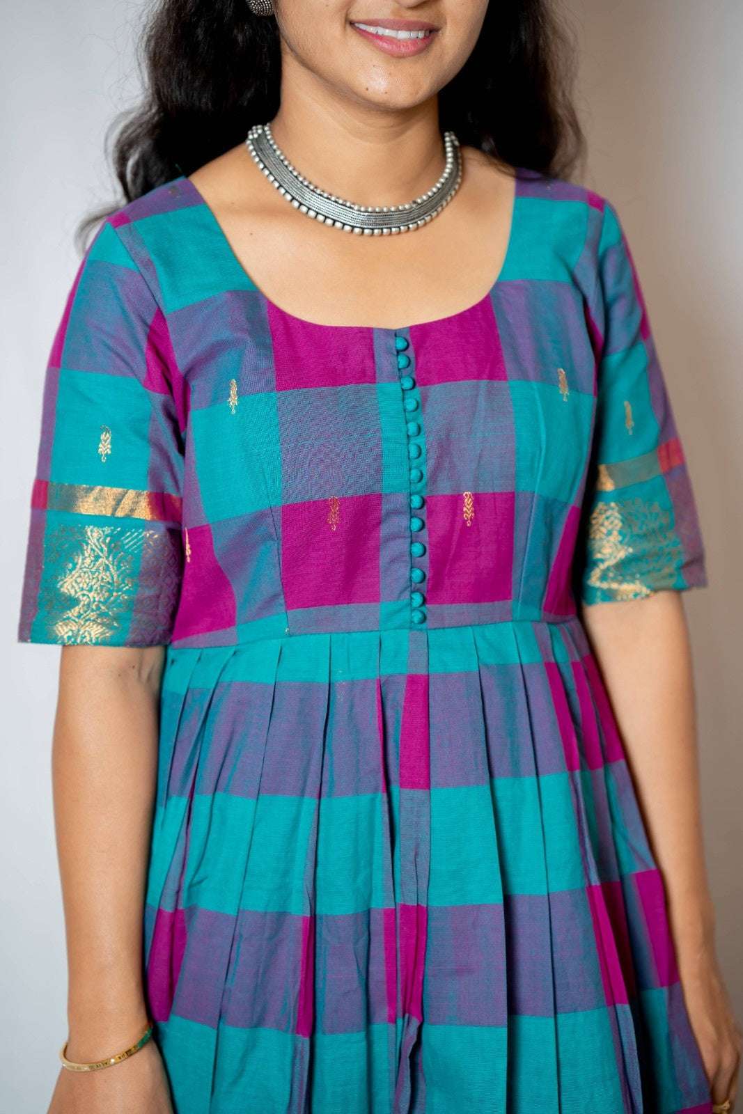 Kattam - Anarkali dress in chettinad cotton in Teal and Pink checks