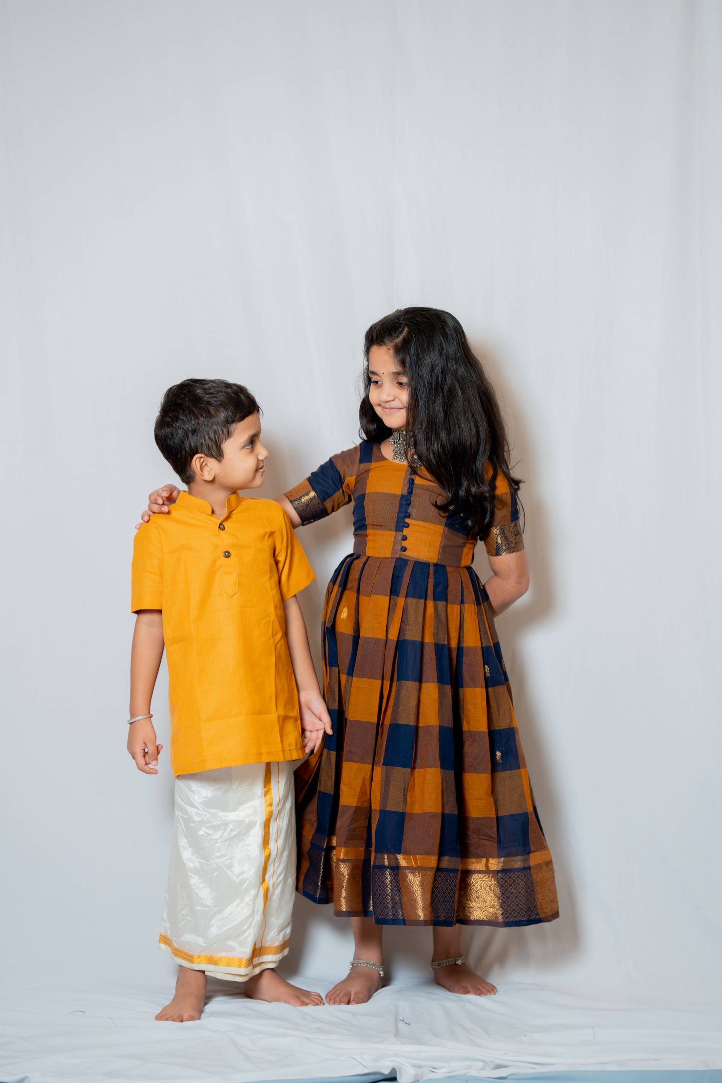 Kattam - Anarkali dress in chettinad cotton in Brown and mustard checks