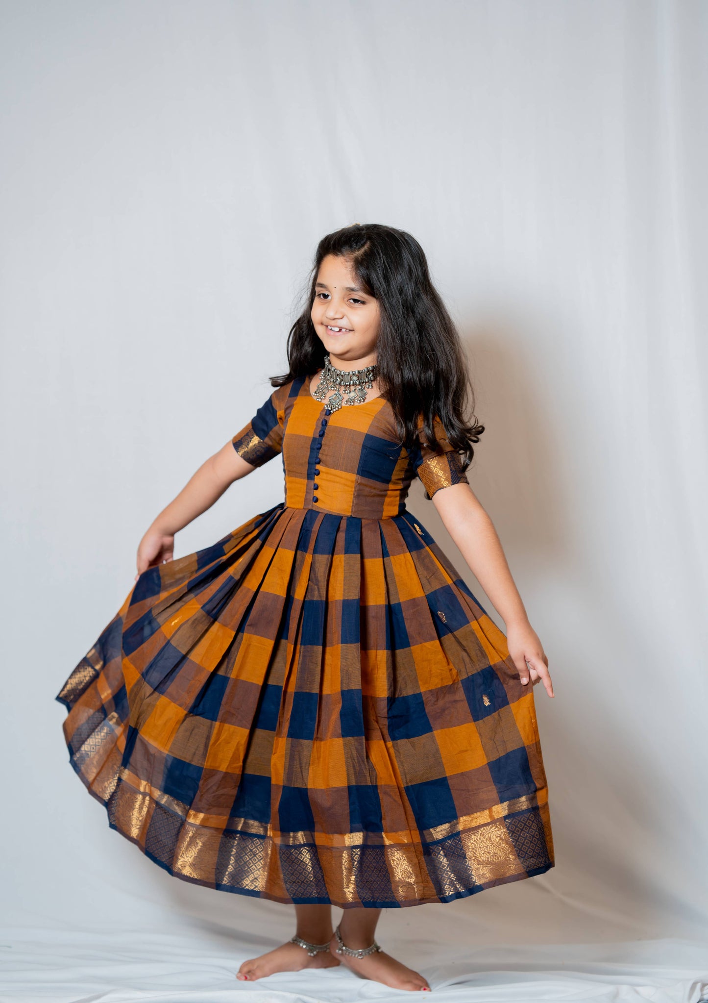 Kattam - Anarkali dress in chettinad cotton in Brown and mustard checks