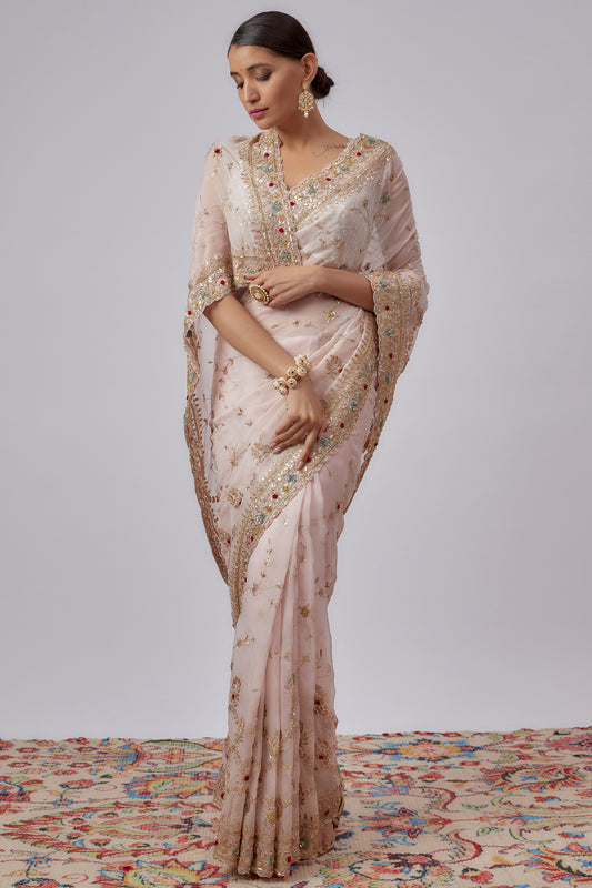 pink pure organza hand embroidered saree set