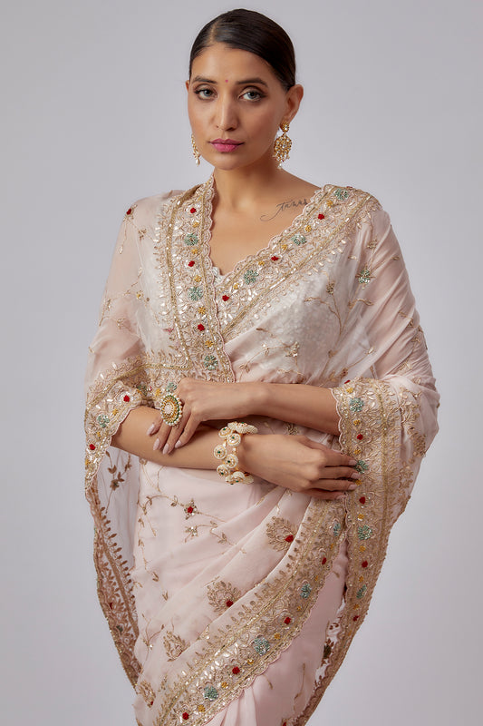 pink pure organza hand embroidered saree set