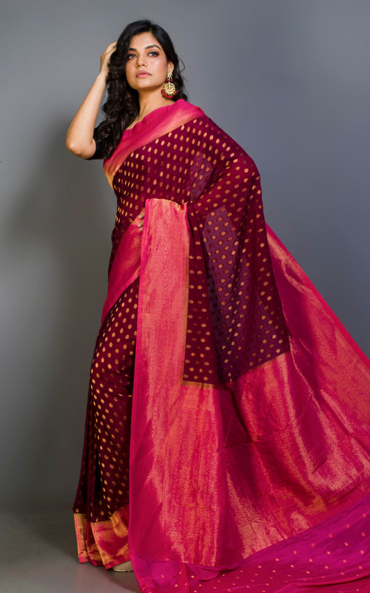 Soft Semi Georgette Banarasi Saree in Rosewood, Bright Pink and Antique Golden