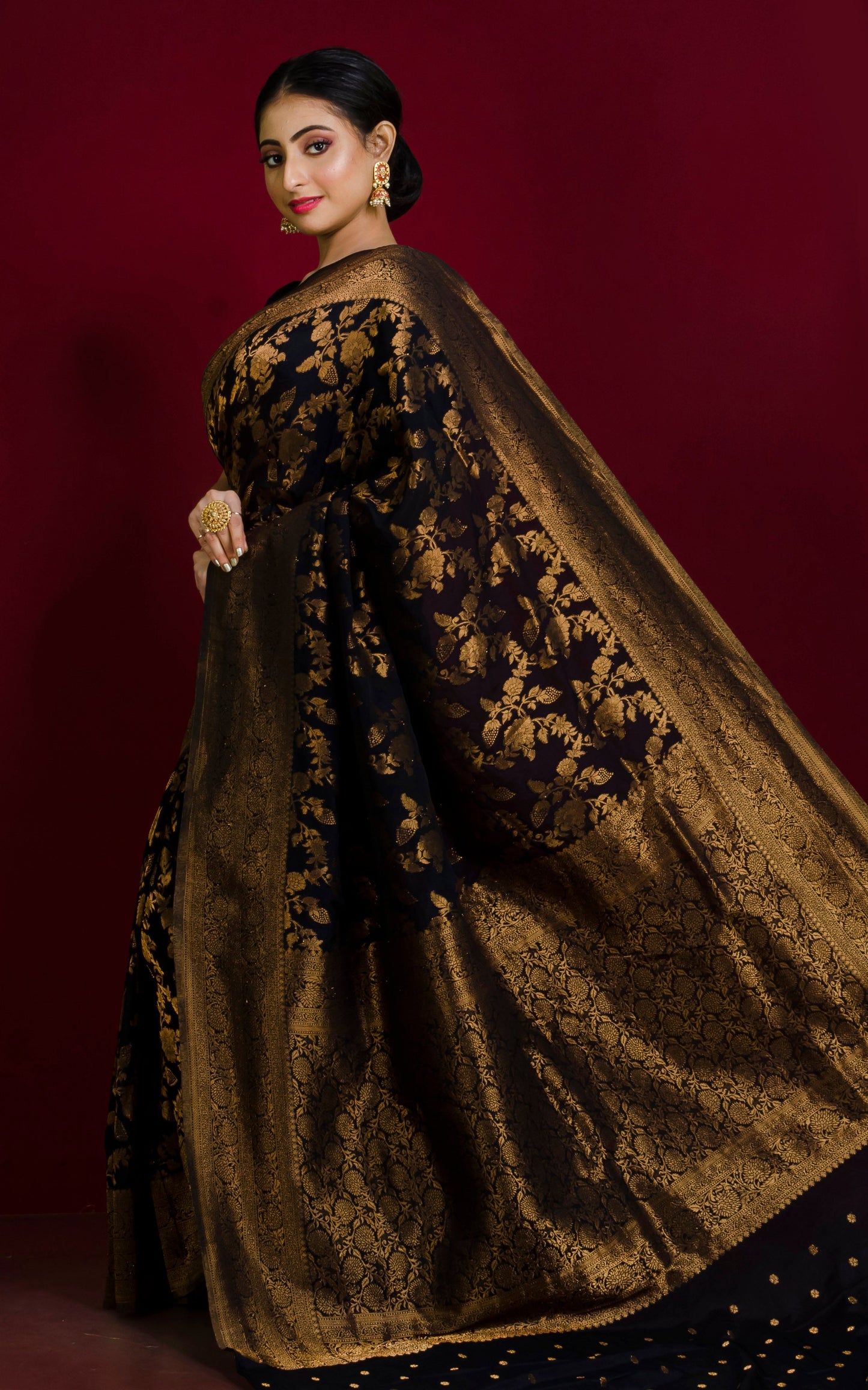 Semi Georgette Brocade Banarasi Saree in Black and Sepia Tone Golden Zari Work