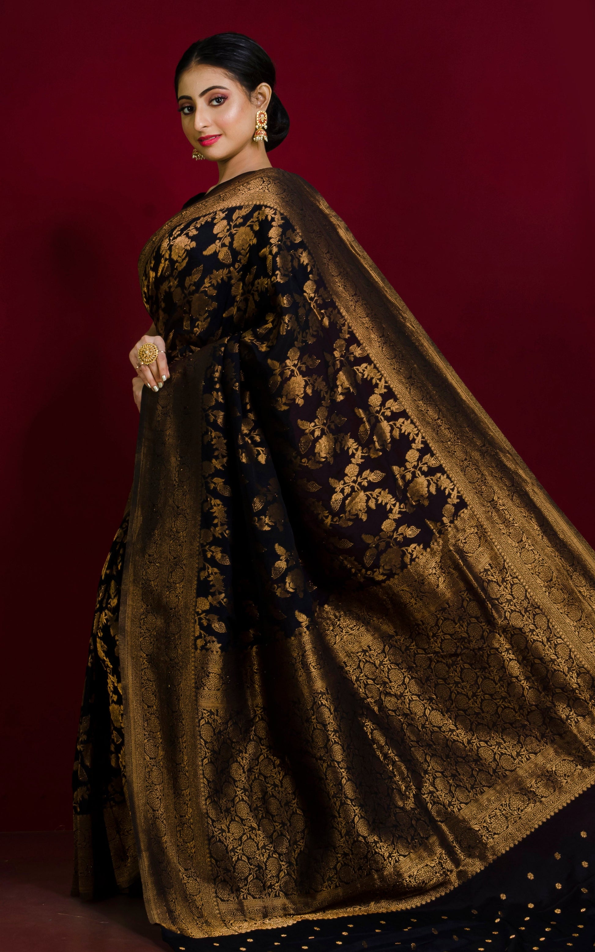 Semi Georgette Brocade Banarasi Saree in Black and Sepia Tone Golden Zari Work