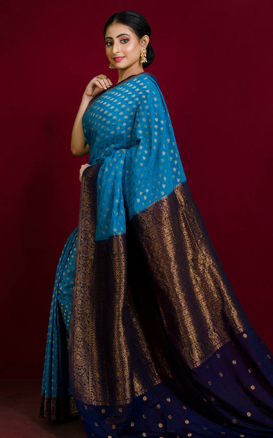 Medium Border Soft Semi Georgette Banarasi Saree in French Blue, Midnight Blue and Antique Golden