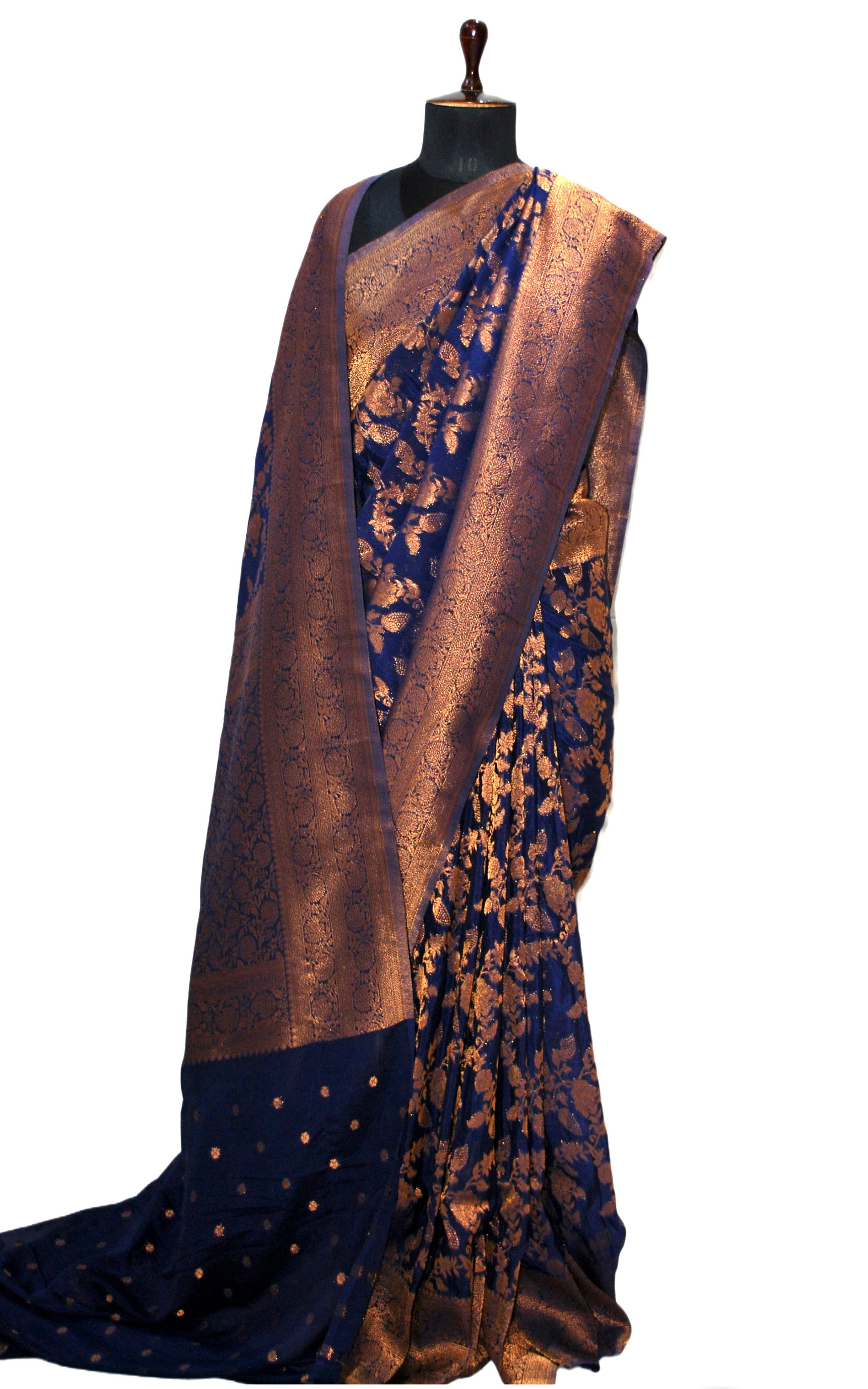 Semi Georgette Brocade Banarasi Saree in Midnight Blue and Sepia Tone Golden Zari Work