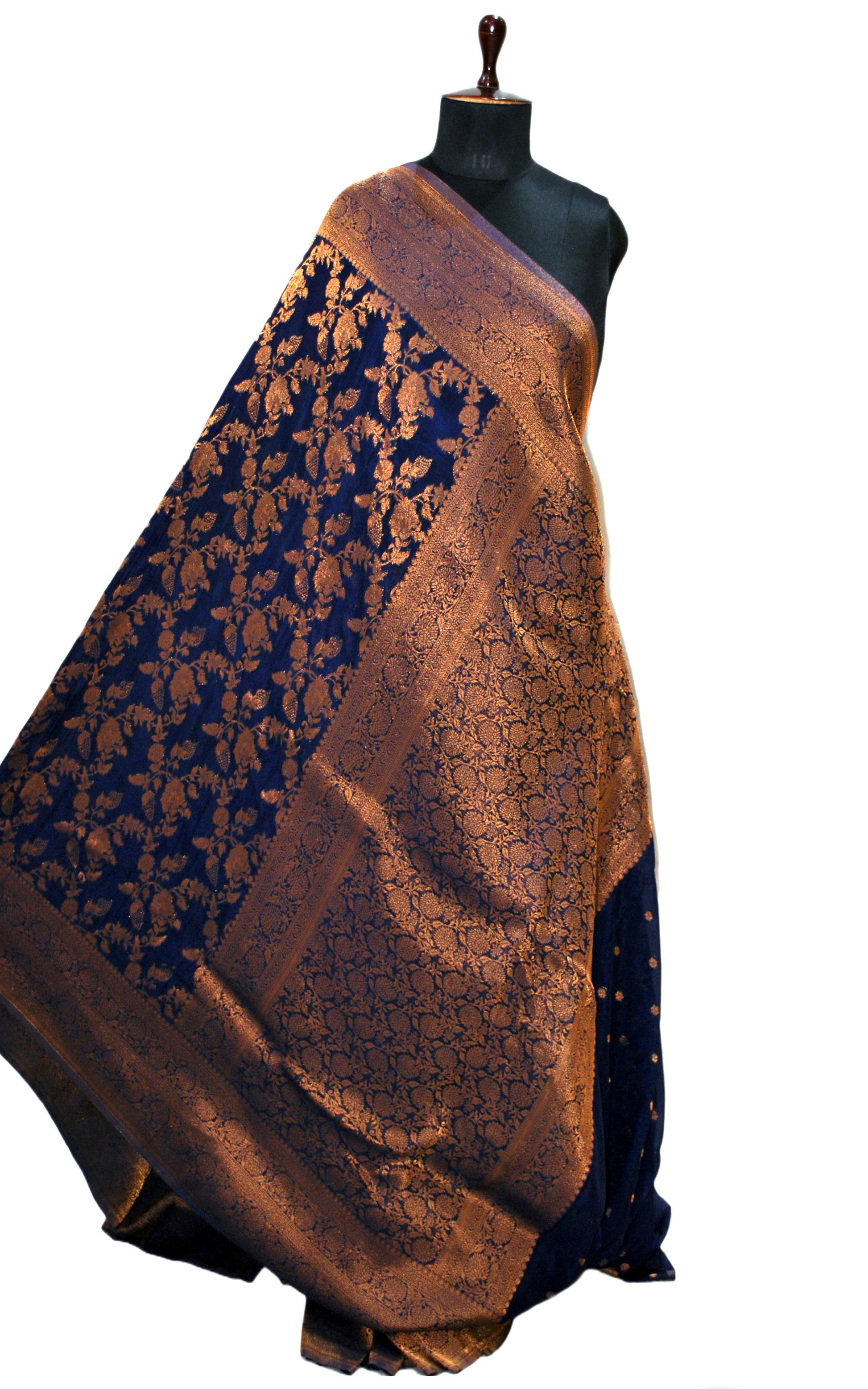 Semi Georgette Brocade Banarasi Saree in Midnight Blue and Sepia Tone Golden Zari Work