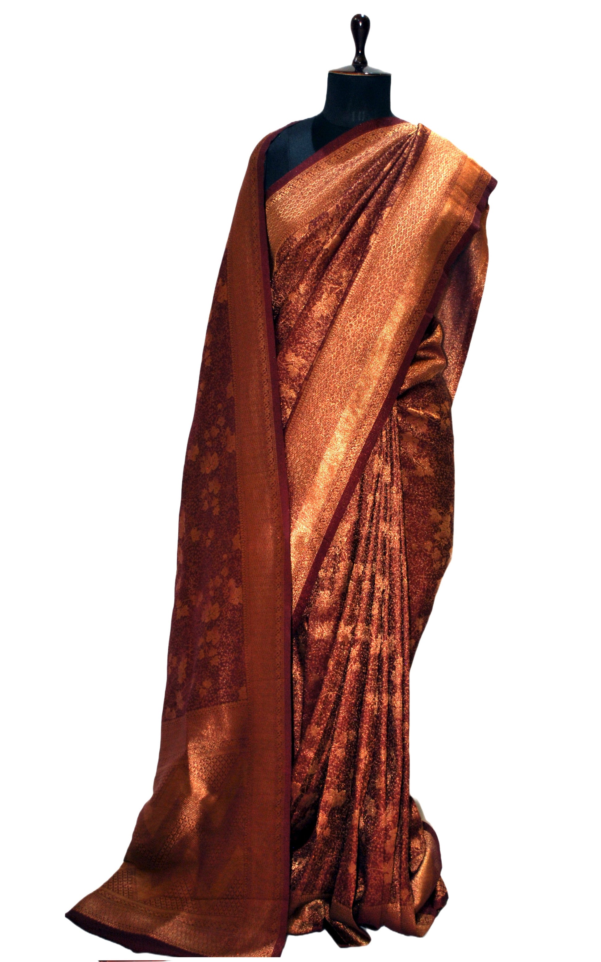 Semi Georgette Brocade Banarasi Saree in Garnet and Sepia Tone Golden Zari Work