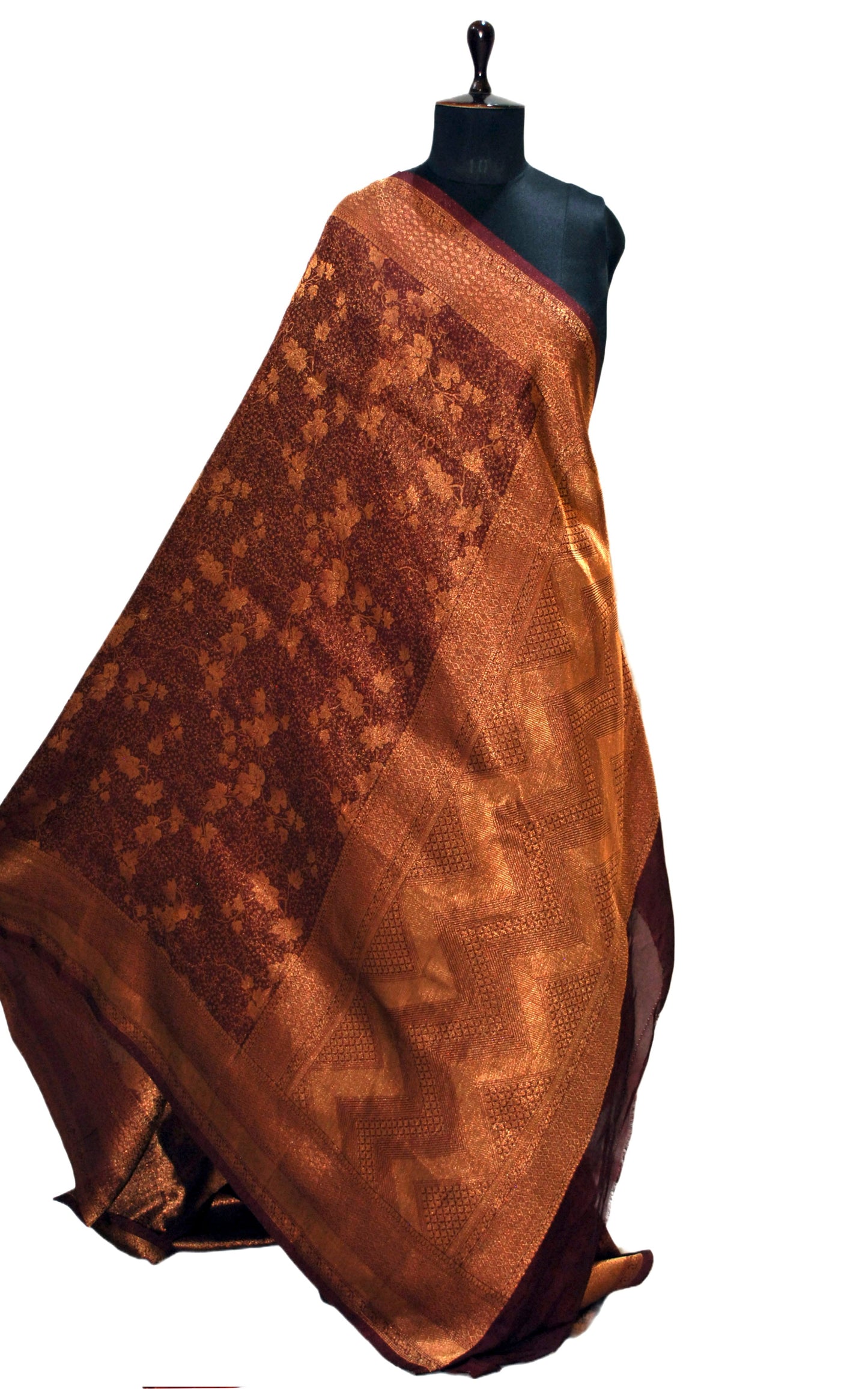 Semi Georgette Brocade Banarasi Saree in Garnet and Sepia Tone Golden Zari Work