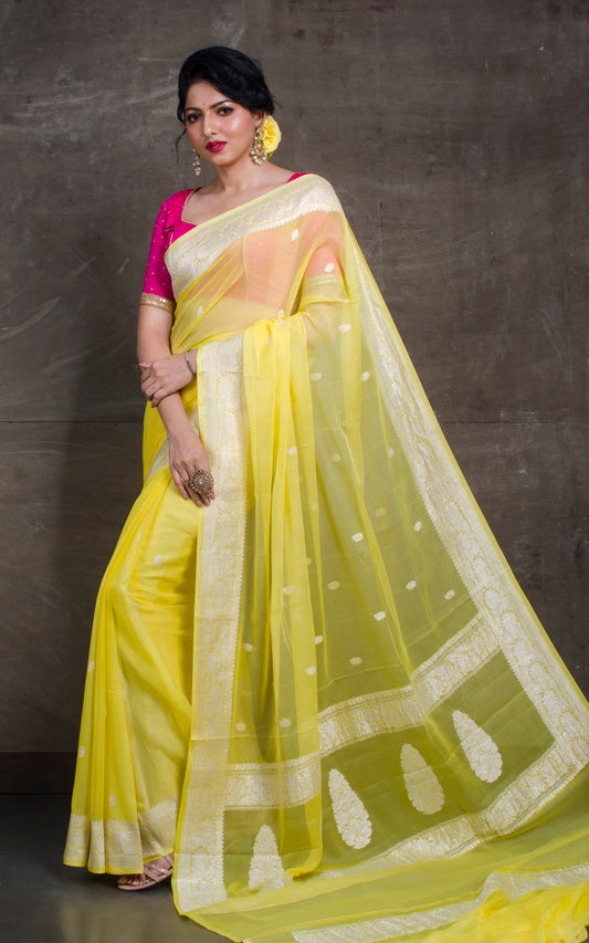 Pure Georgette Banarasi Saree in Light Yellow and Silver