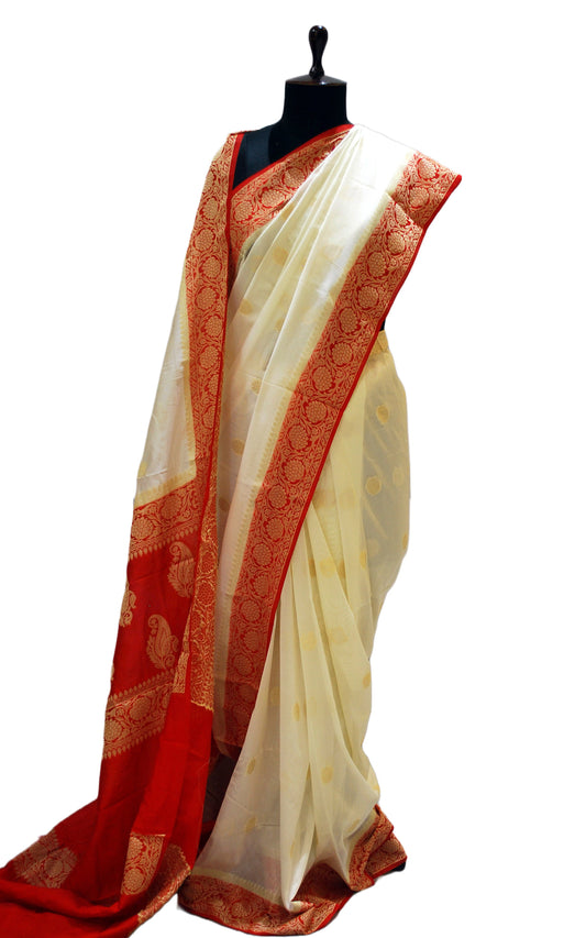 Medium Border Soft Semi Georgette Banarasi Saree in Off White, Red and Matt Gold