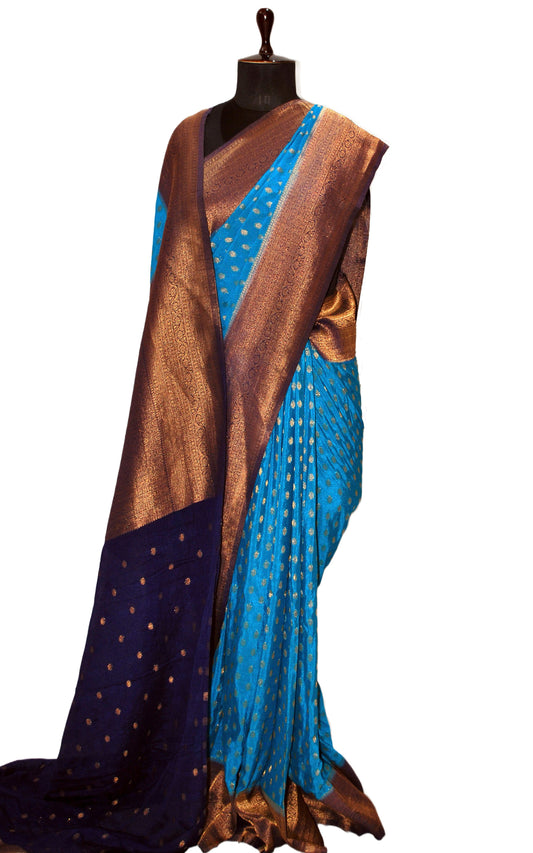 Soft Semi Georgette Banarasi Saree in Azure Blue, Midnight Blue and Antique Golden