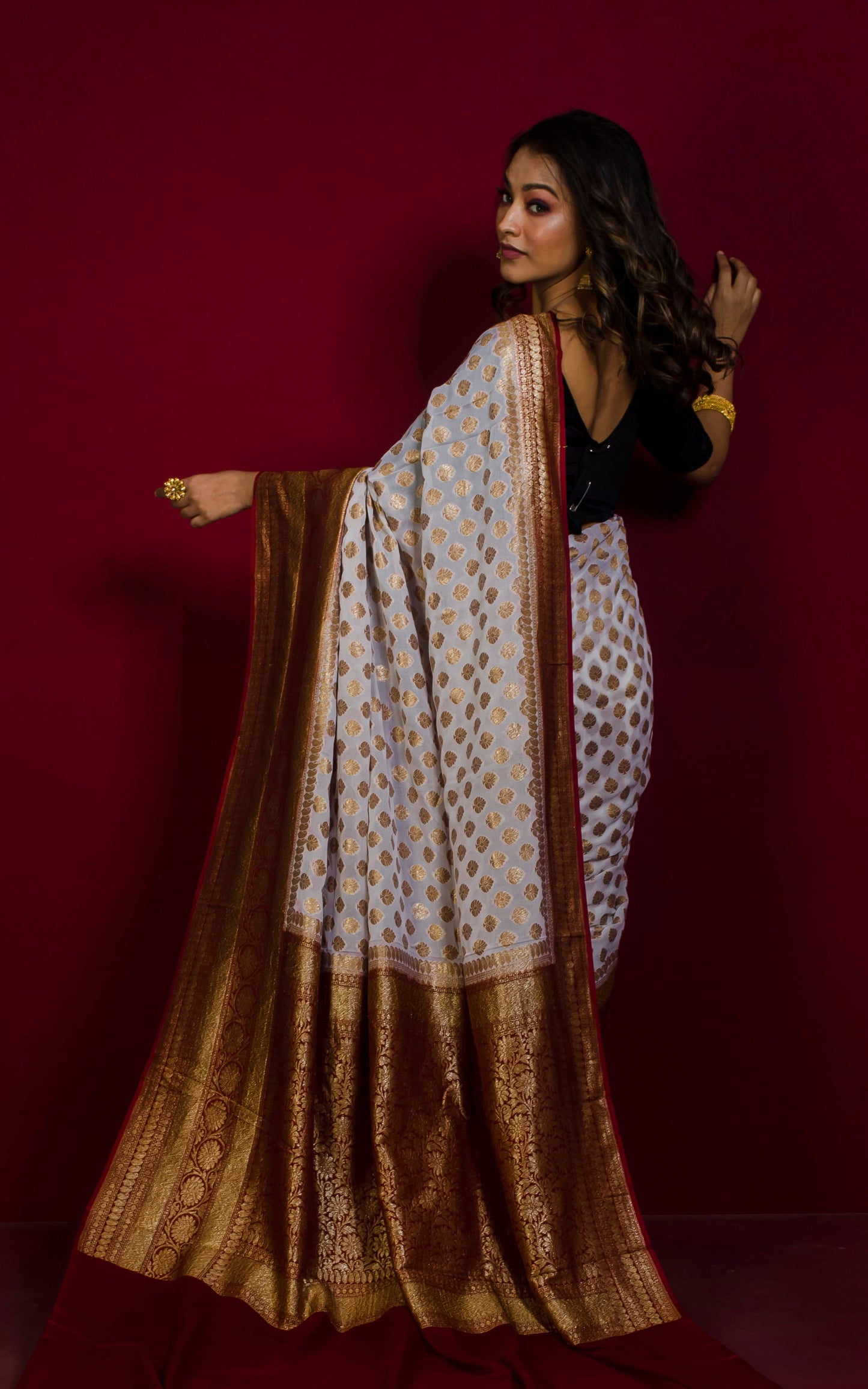 Pure Khaddi Georgette Banarasi Saree in Off White, Chocolate Brown and Antique Gold