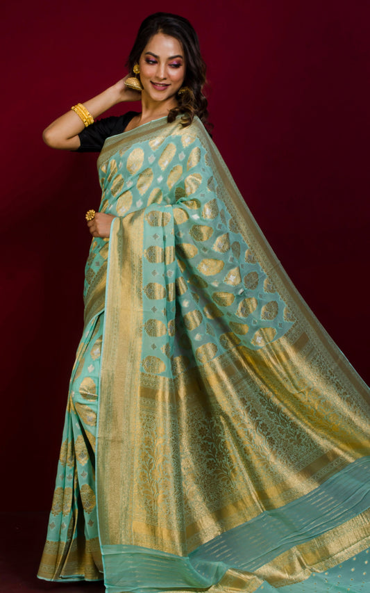 Brocade Khaddi Georgette Banarasi Saree in Turquoise with Silver & Gold Zari Work