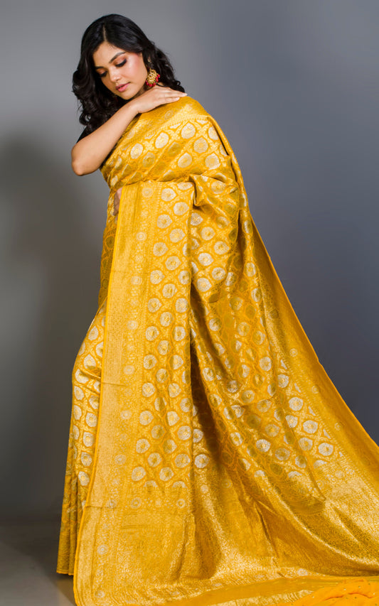 Brocade Khaddi Georgette Banarasi Saree in Bright Yellow with Silver & Gold Zari Work