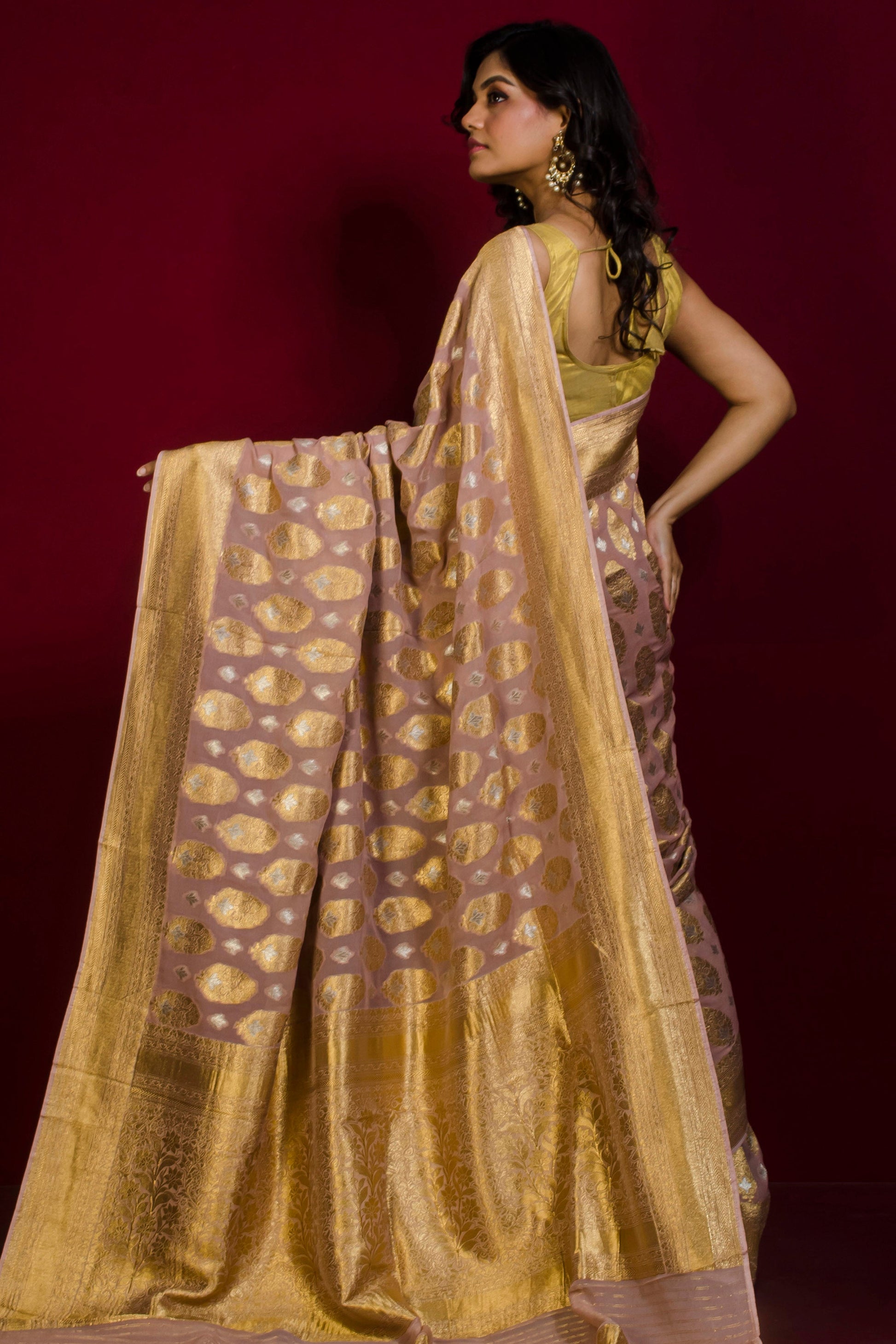 Brocade Khaddi Georgette Banarasi Saree in Pastel Pink with Silver & Gold Zari Work