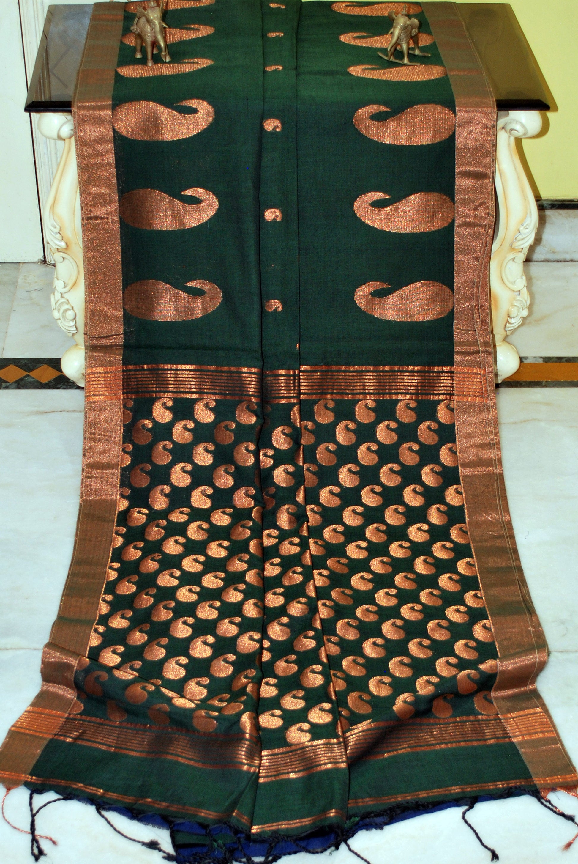 Premium Quality Double Warp Soft Pure Cotton Saree in Dark Green and Copper Zari Work