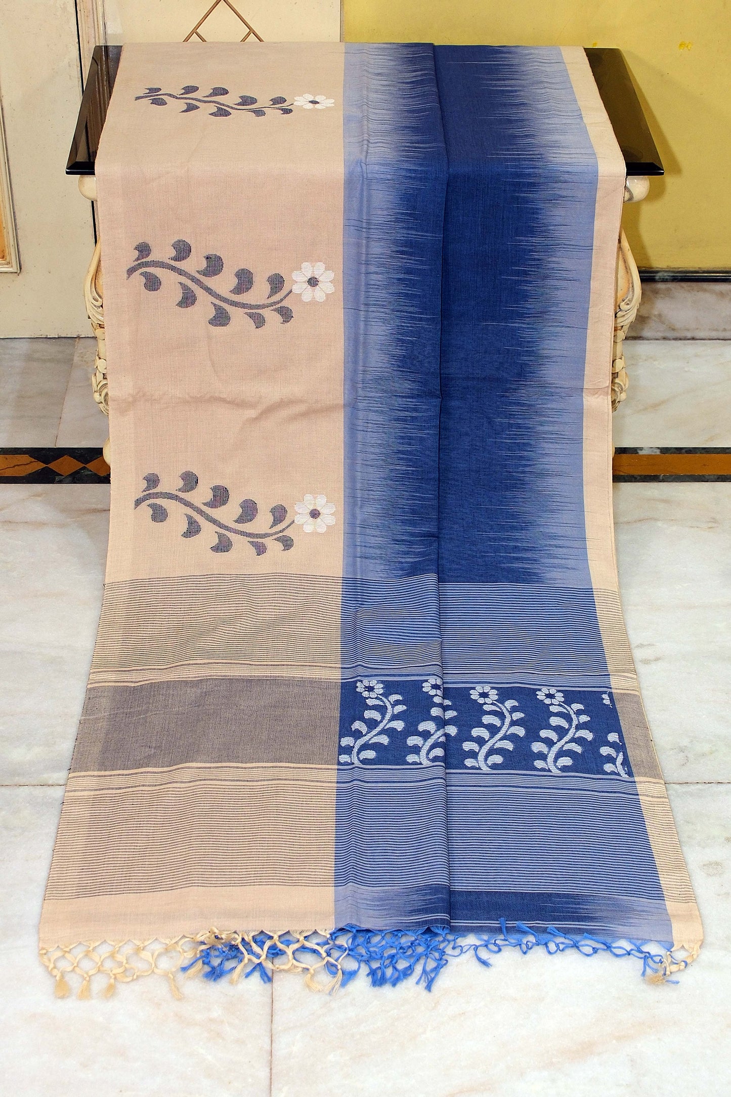 Premium Quality Double Warp Khaddar Kadiyal Skirt Border Jamdani Saree in Catalina Blue, Cashmere Beige, Off White and Black