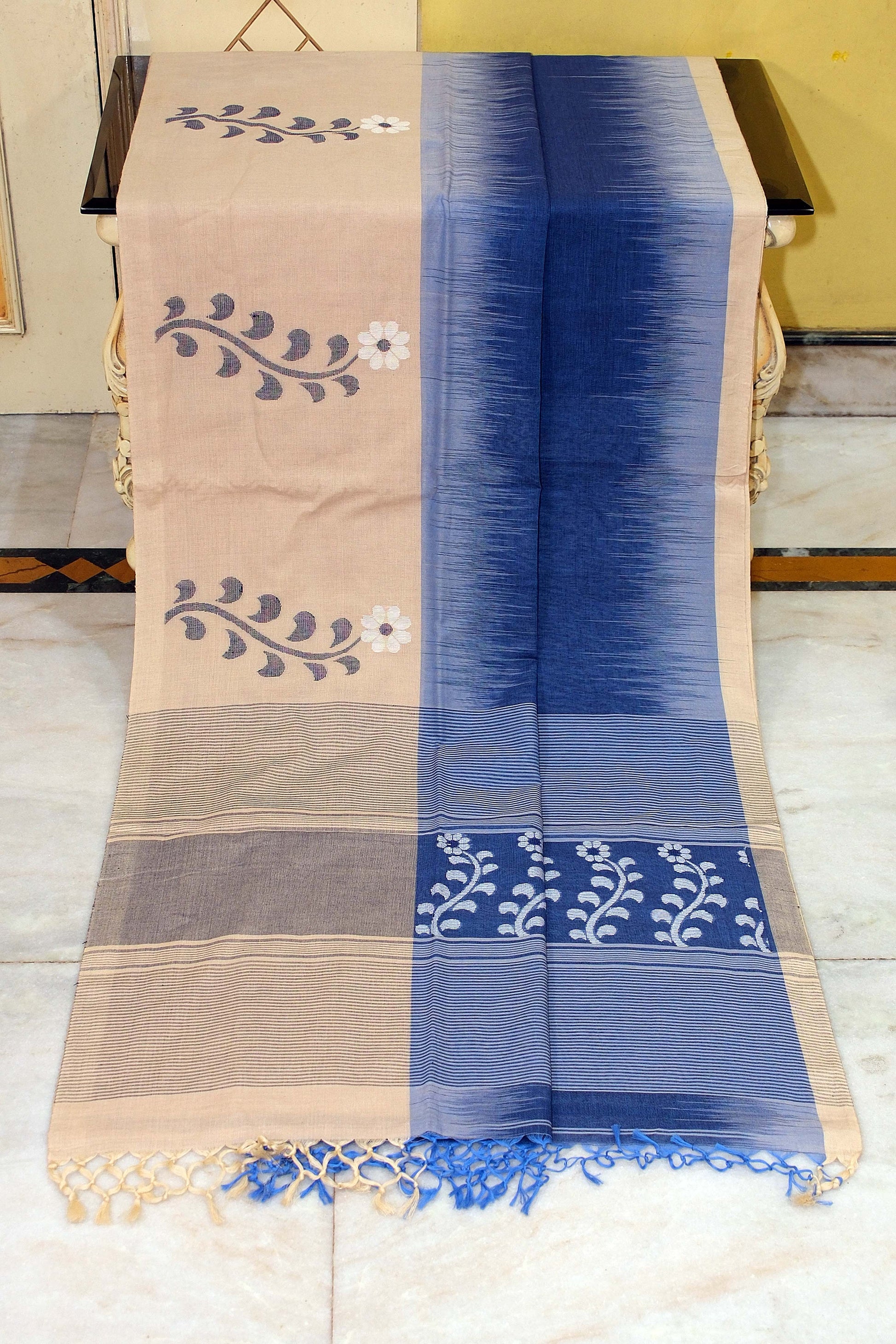 Premium Quality Double Warp Khaddar Kadiyal Skirt Border Jamdani Saree in Catalina Blue, Cashmere Beige, Off White and Black