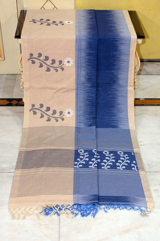 Premium Quality Double Warp Khaddar Kadiyal Skirt Border Jamdani Saree in Catalina Blue, Cashmere Beige, Off White and Black