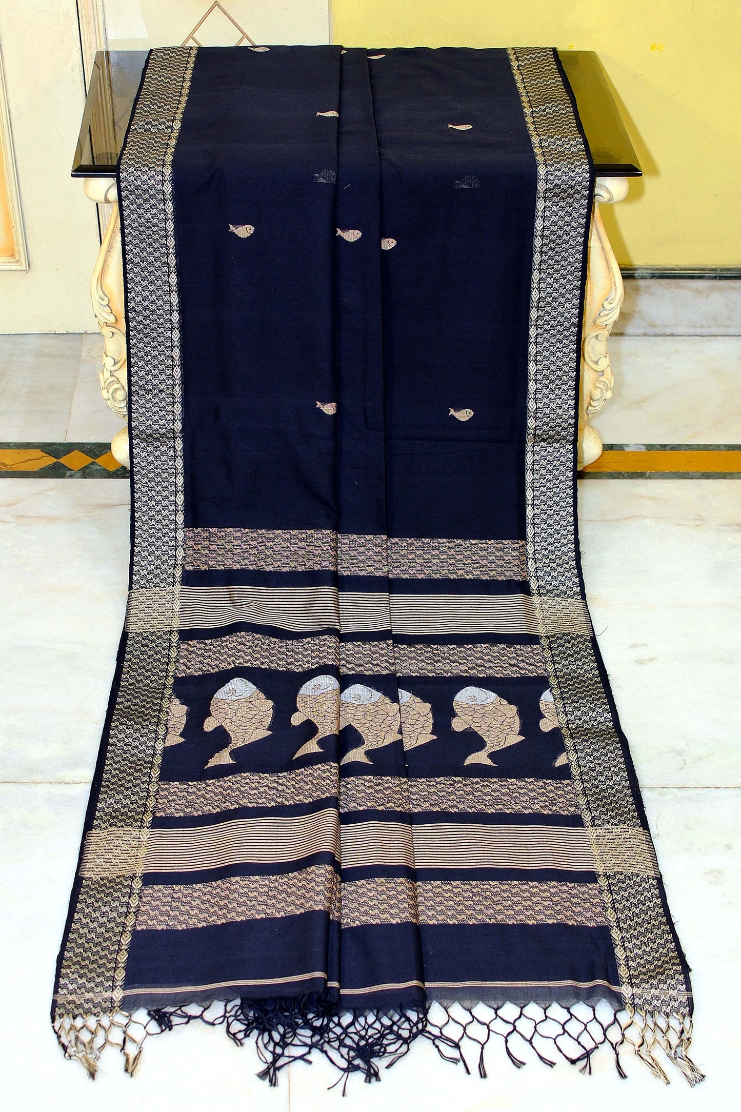 Premium Quality Double Warp Soft Pure Cotton Bomkai Saree in Black, Dutch White and Off White