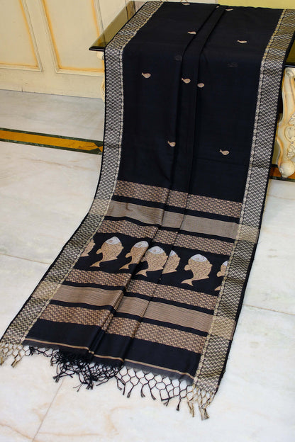 Premium Quality Double Warp Soft Pure Cotton Bomkai Saree in Black, Dutch White and Off White