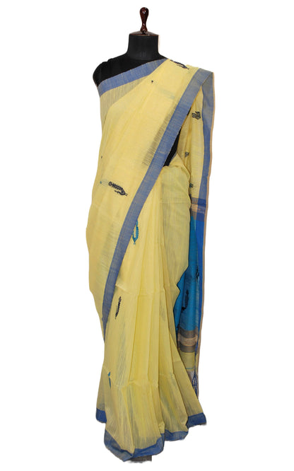 Blended Cotton Silk Jamdani Saree in Lemon Yellow, Blue and Mustard Brown