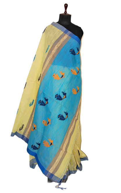 Blended Cotton Silk Jamdani Saree in Lemon Yellow, Blue and Mustard Brown