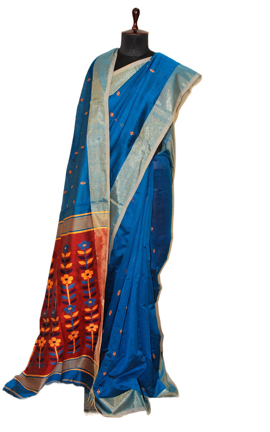Blended Cotton Silk Jamdani Saree in Sapphire Blue, Golden Yellow, Black and Venetian Red