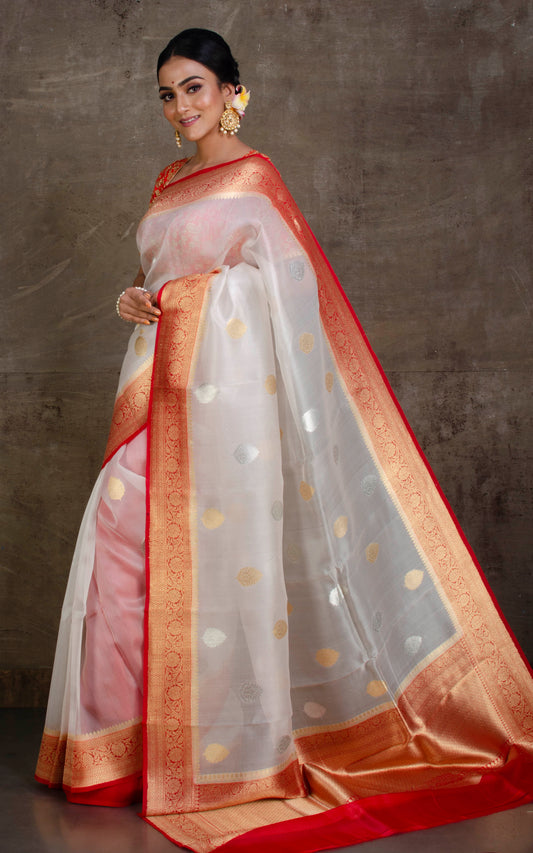 Pure Handloom Kora Silk Banarasi Saree in White, Red and Gold