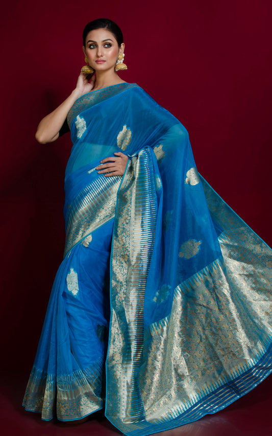 Organza Silk Banarasi Saree in Firoza, Silver and Muted Gold