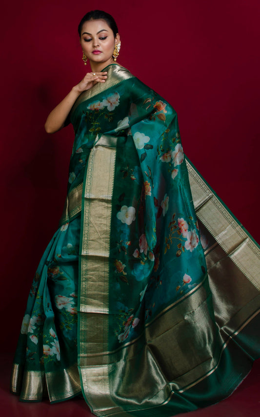 Digital Printed Handloom Kora Silk Banarasi Saree in Castleton Green, Brush Gold and Multicolored