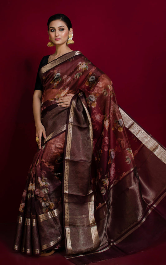 Digital Printed Handloom Kora Silk Banarasi Saree in Dark Brown, Brush Gold and Multicolored