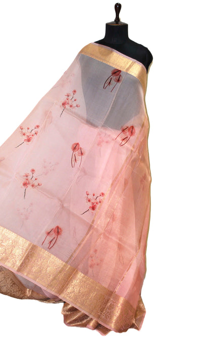 Digital Printed Handloom Kora Silk Banarasi Saree in Peach, Plum Red and Brush Golden Zari