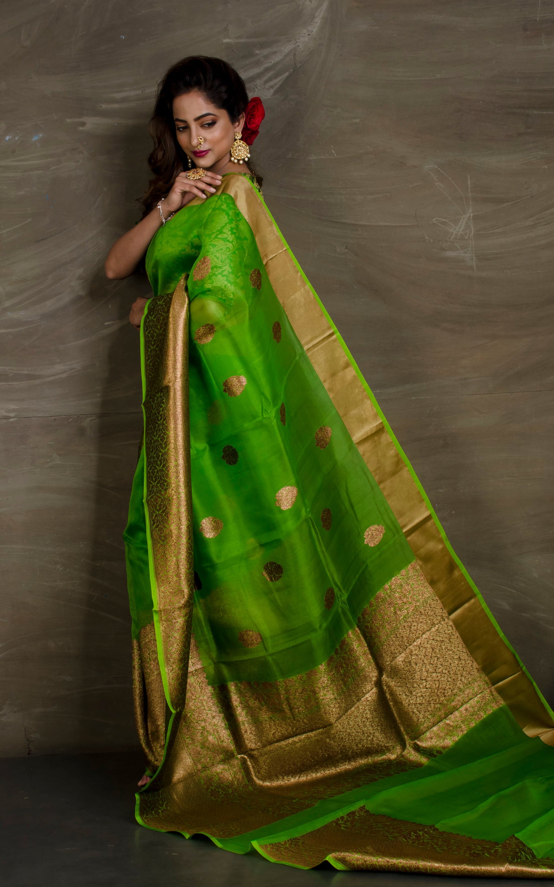 Pure Handloom Kora Silk Banarasi Saree in Parrot Green and Antique Gold from Bengal Looms India
