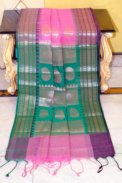 Traditional Ganga Jamuna Border Cotton Kota Checks Gadwal Saree with Rich Pallu in Persian Pink, Pine Green and Black
