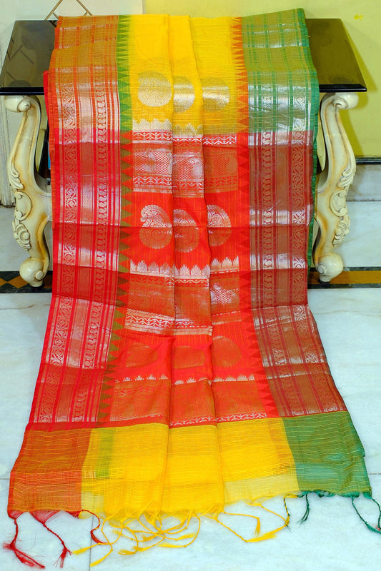 Traditional Ganga Jamuna Border Cotton Kota Checks Gadwal Saree with Rich Pallu in Bright Yellow, Red and Green