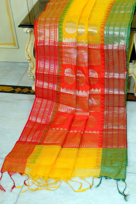 Traditional Ganga Jamuna Border Cotton Kota Checks Gadwal Saree with Rich Pallu in Bright Yellow, Red and Green