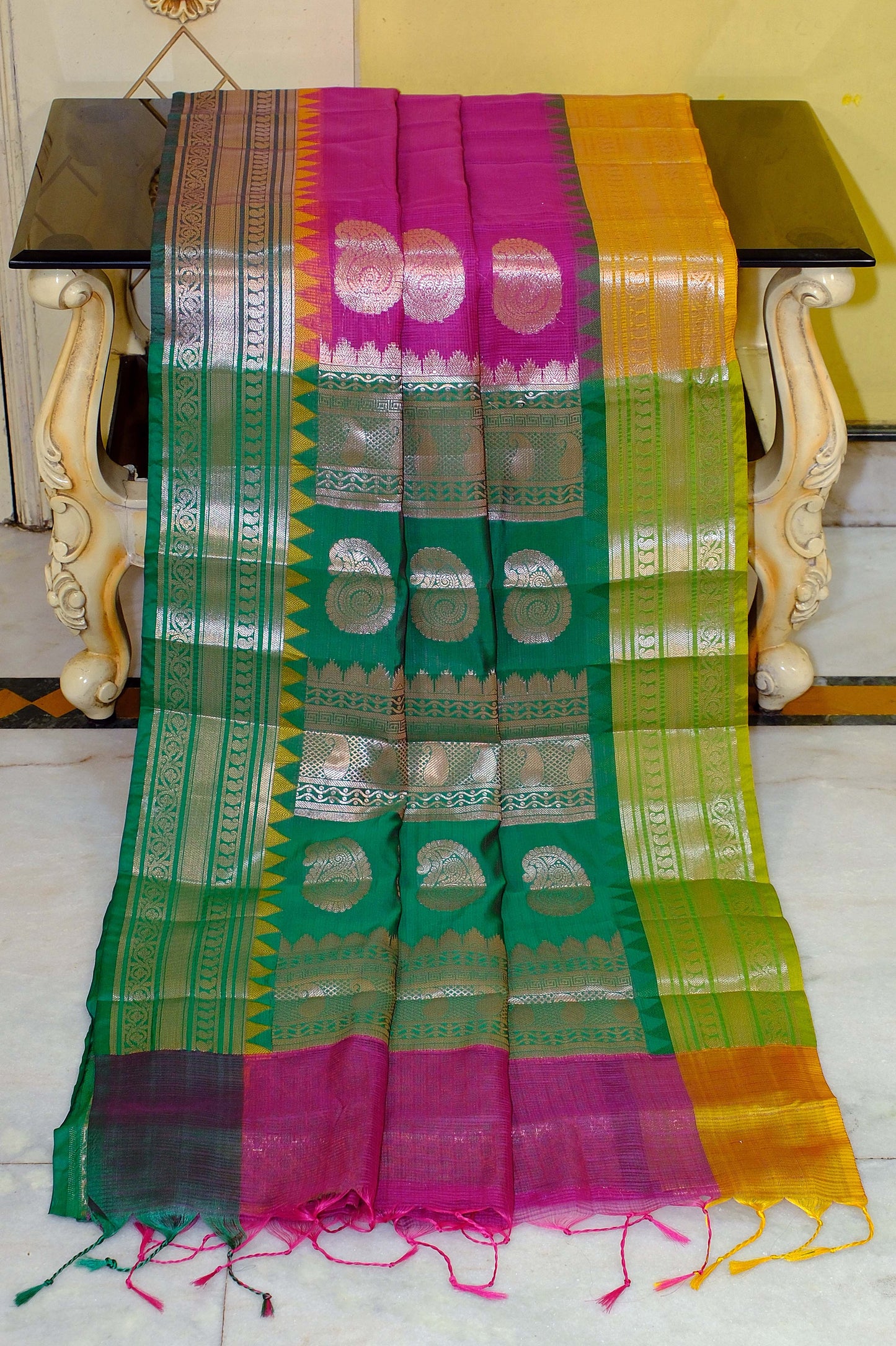 Traditional Ganga Jamuna Border Cotton Kota Checks Gadwal Saree with Rich Pallu in Jazzberry Jam, Mustard Yellow and Deep Green