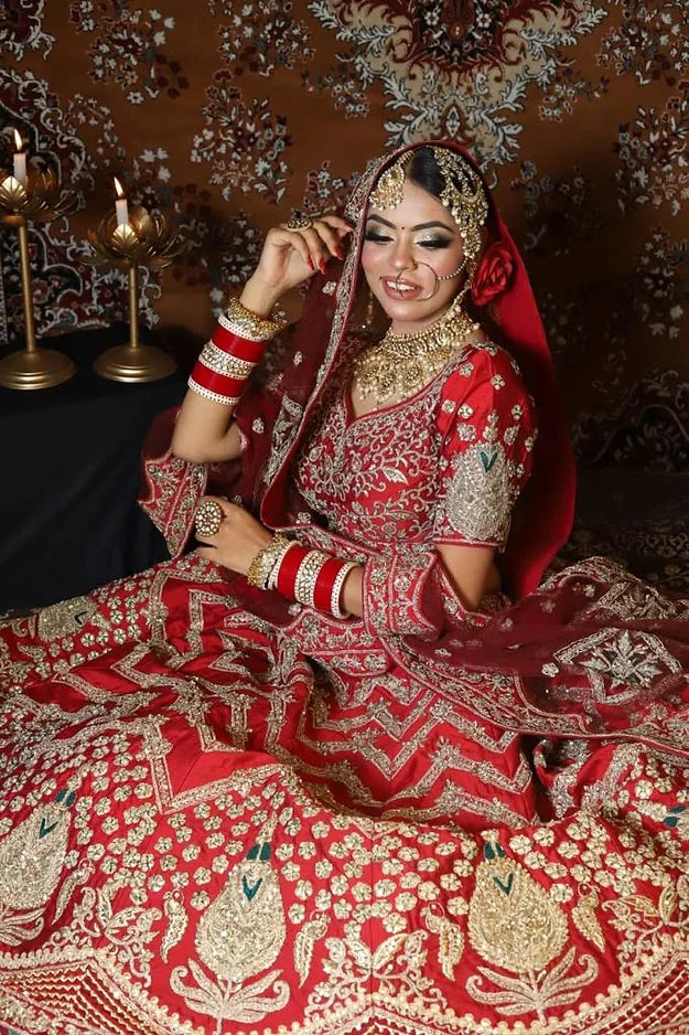 True Red with Peacock Motifs & Mughal Floral Golden Zardozi Bridal Lehenga set