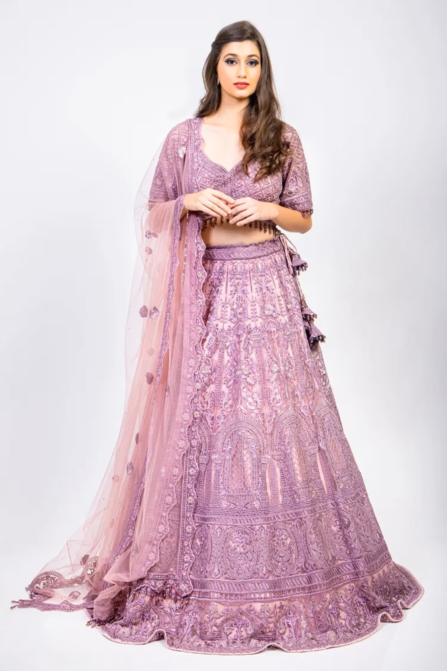 Lilac Designer Net Embroidered Bridal Lehenga
