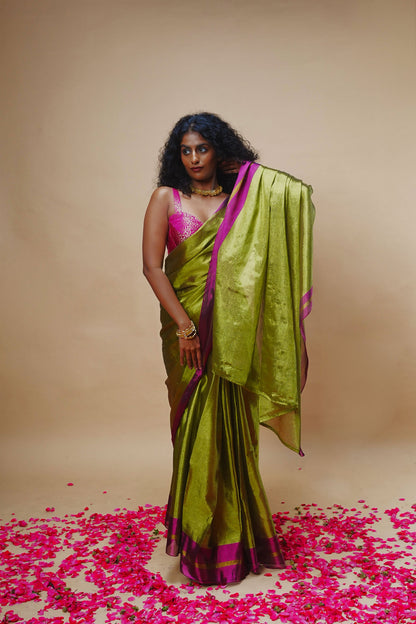 MUDRAYA saree I Lime Green Handloom Tissue Saree