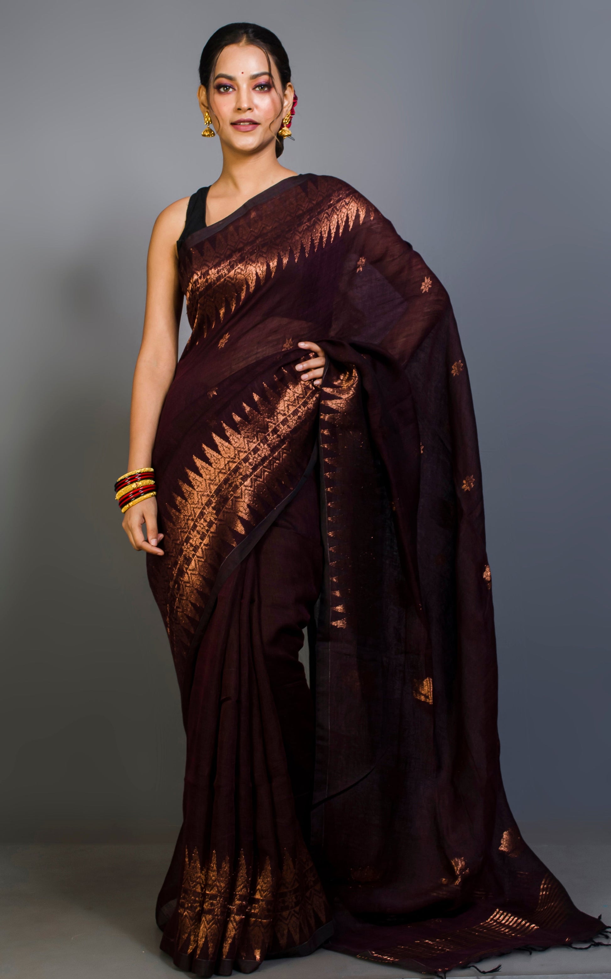 Handwoven Linen Kanchipuram Saree in Wine and Copper