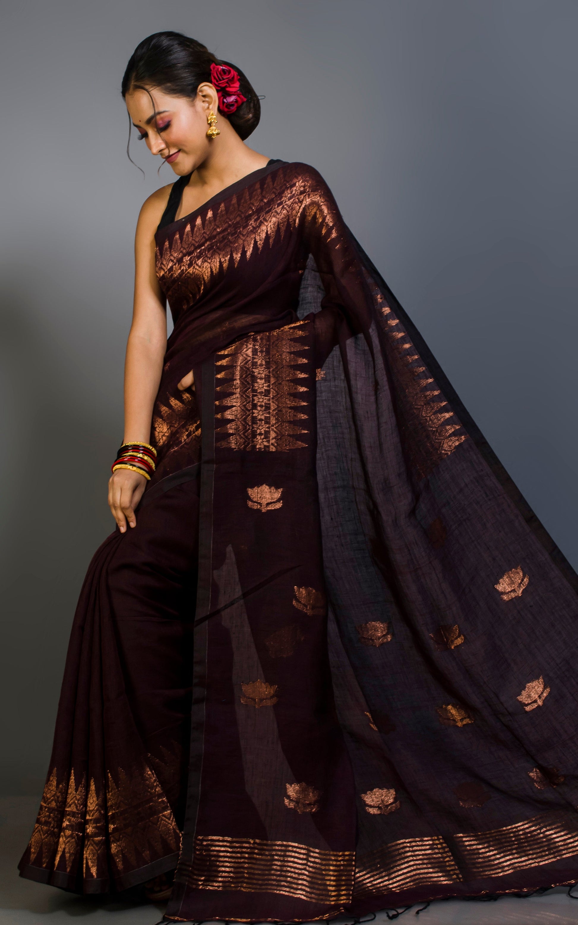 Handwoven Linen Kanchipuram Saree in Wine and Copper