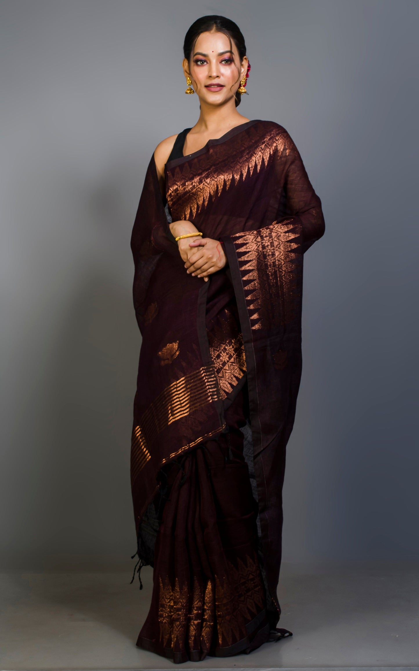 Handwoven Linen Kanchipuram Saree in Wine and Copper