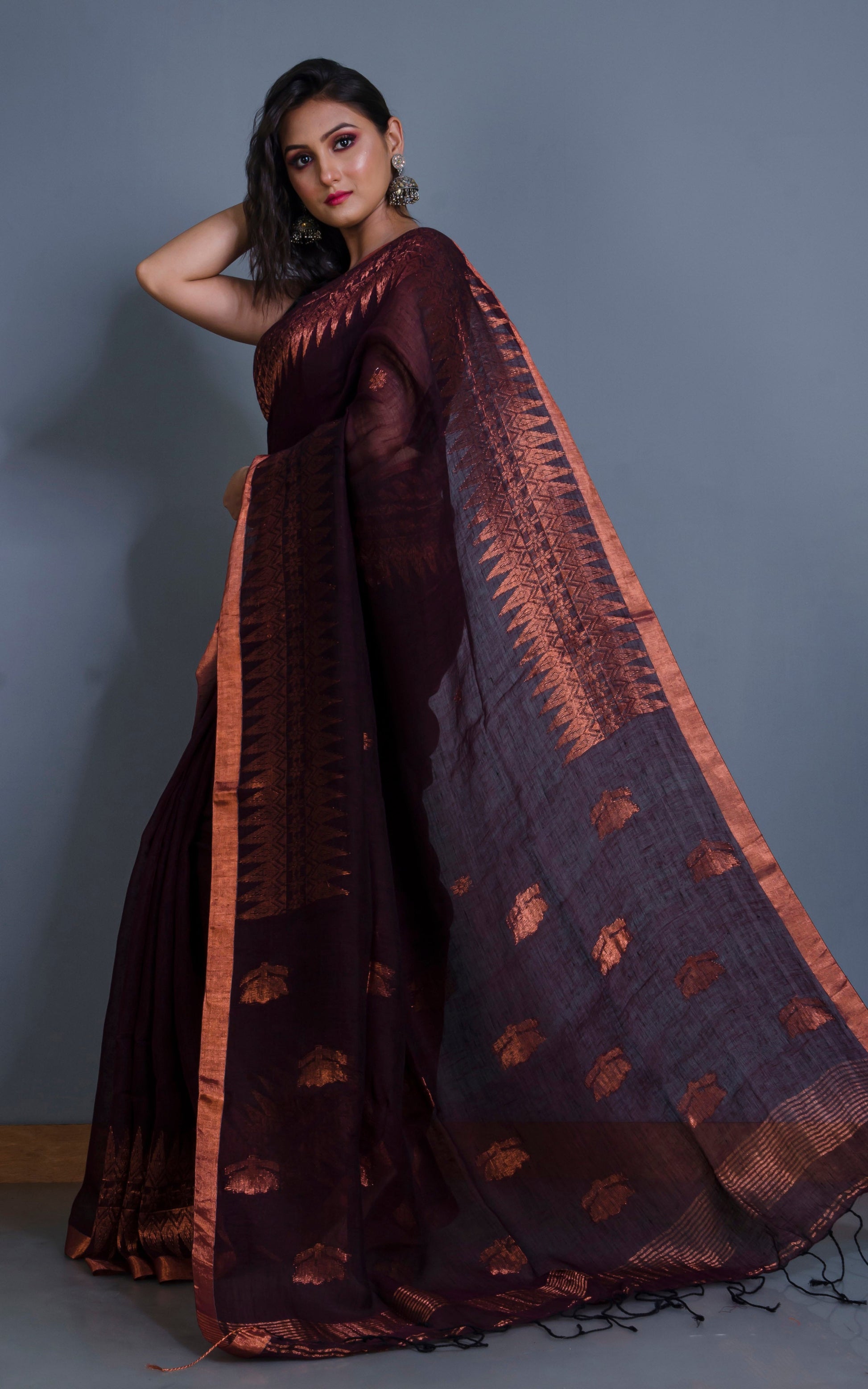 Handwoven Linen Kanchipuram Saree in Dark Wine and Copper
