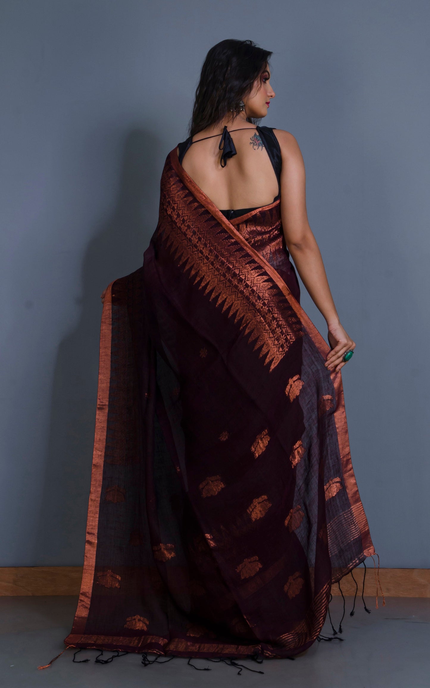 Handwoven Linen Kanchipuram Saree in Dark Wine and Copper