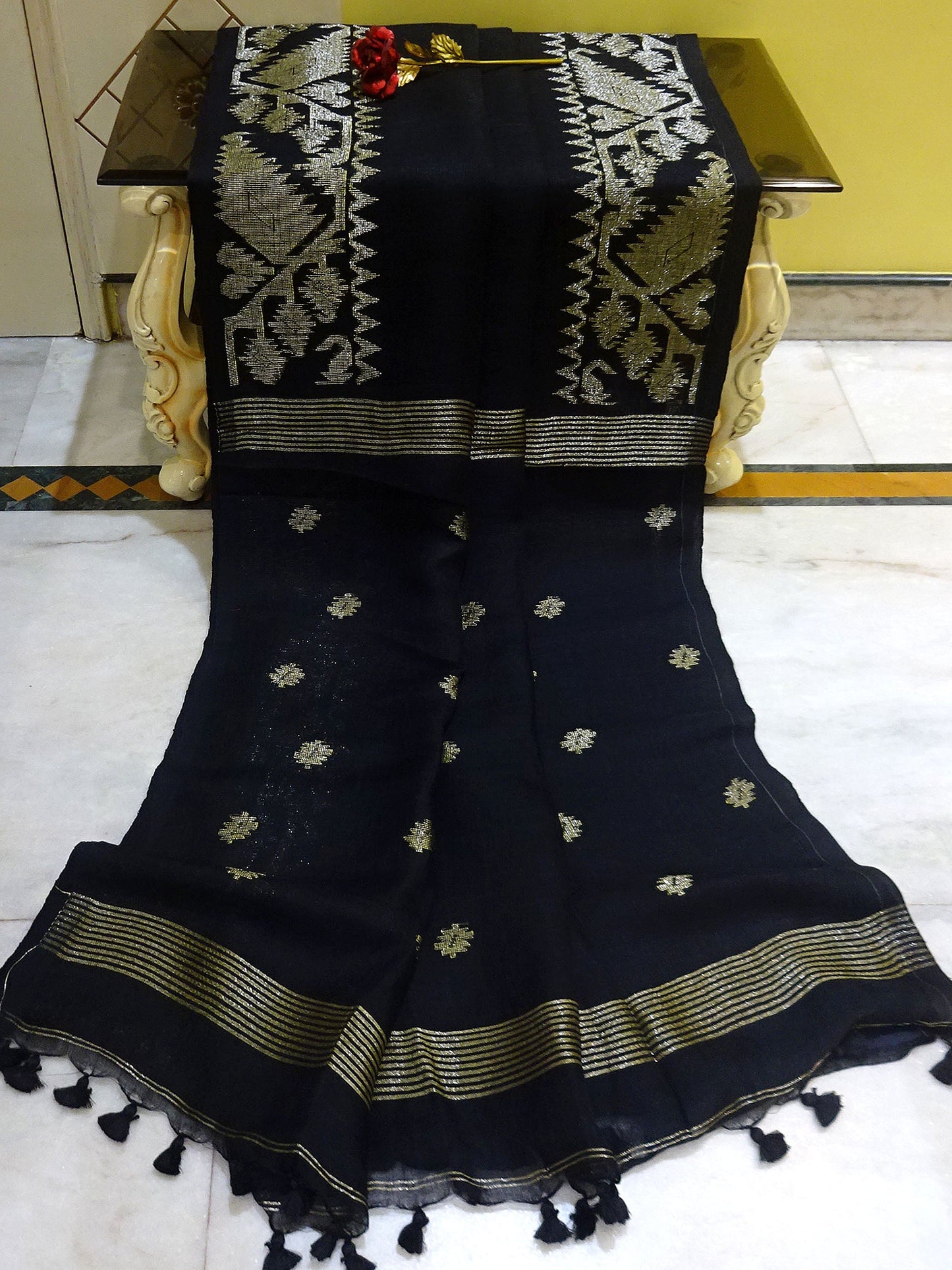 Woven Karat Work Border Linen Jamdani Saree in Black and Antique Silver